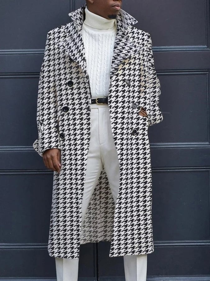 Men's Fashion Geometric Print Double Breasted Casual Windbreaker Coat