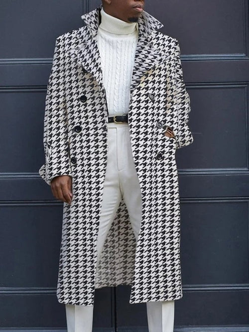 Men's Fashion Geometric Print Double Breasted Casual Windbreaker Coat