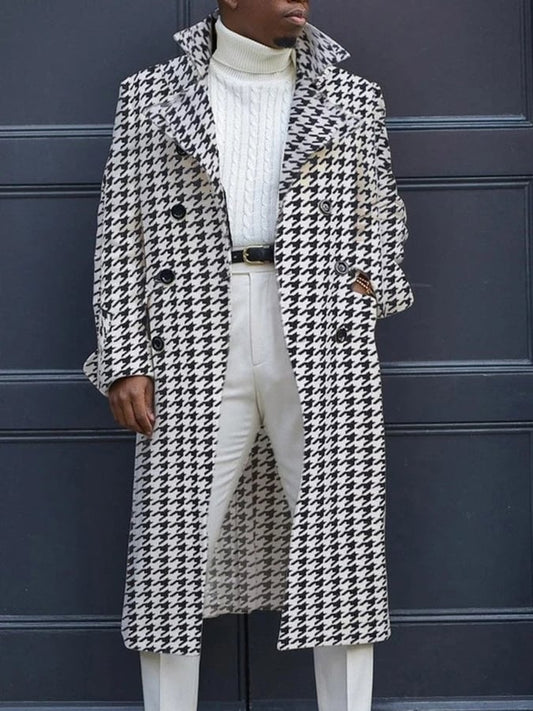 Men's Fashion Geometric Print Double Breasted Casual Windbreaker Coat