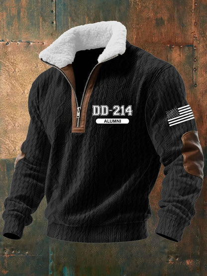 Men'S Casual Veteran Jacquard Zipper Fur Collar Long Sleeve Sweatshirt
