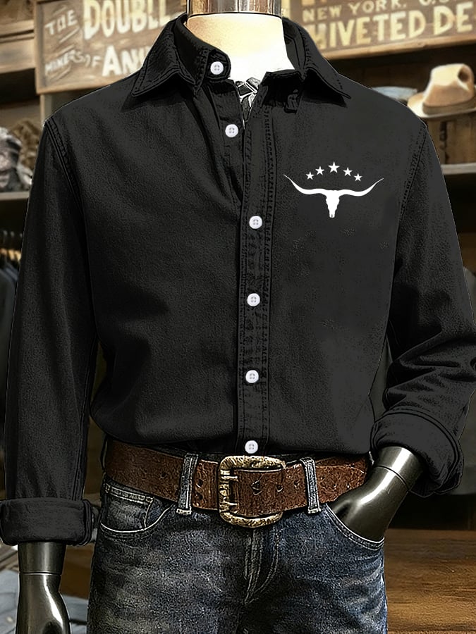 Men's Retro Western Cow Head Design Printed Long Sleeve Casual Shirt