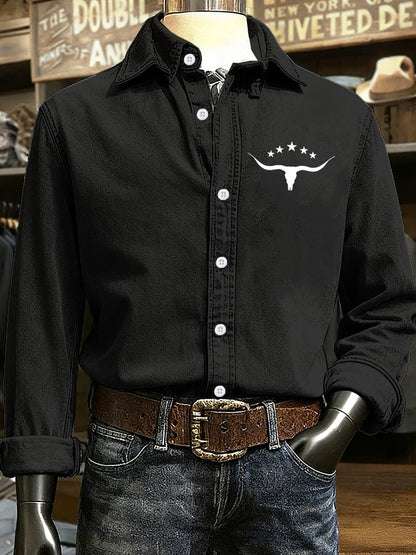 Men's Retro Western Cow Head Design Printed Long Sleeve Casual Shirt