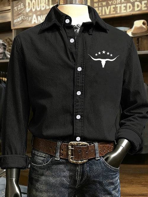 Men's Retro Western Cow Head Design Printed Long Sleeve Casual Shirt