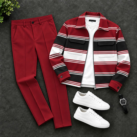 Men's Two-Piece Set: Color-Blocked Striped Zipper Cardigan and Pants