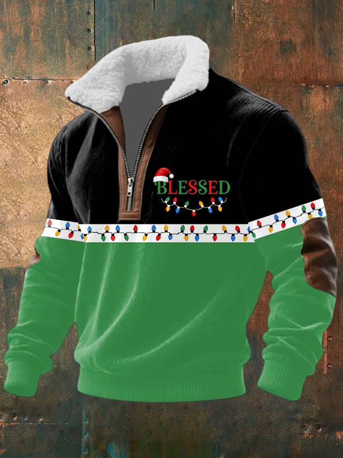 Men's Blessed Christmas Print Half Zip Lapel Sweatshirt