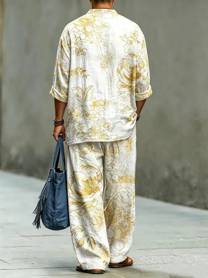 Men's Abstract Florals Print Cotton Shirt Set