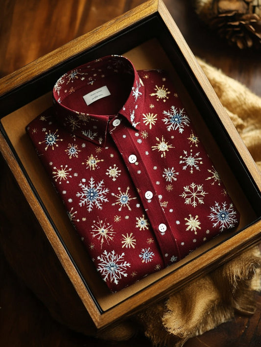 Christmas Men's Business Luxury Snowflake Print Long Sleeve Shirt