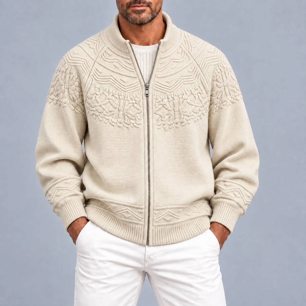 Men's Khaki Geometric Cable Knit Texture Casual Zip-Up Cardigan