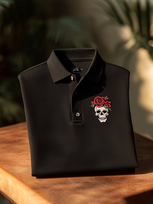 Men's Classic Business Skull Rose Logo Short Sleeve Polo Shirt