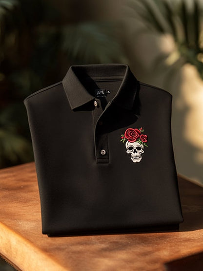 Men's Classic Business Skull Rose Logo Short Sleeve Polo Shirt