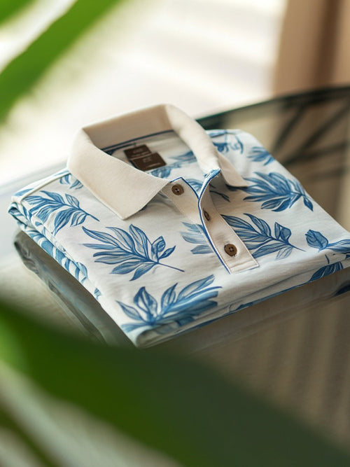 Men's Business Casual Jacquard Button Short Sleeve Polo Shirt