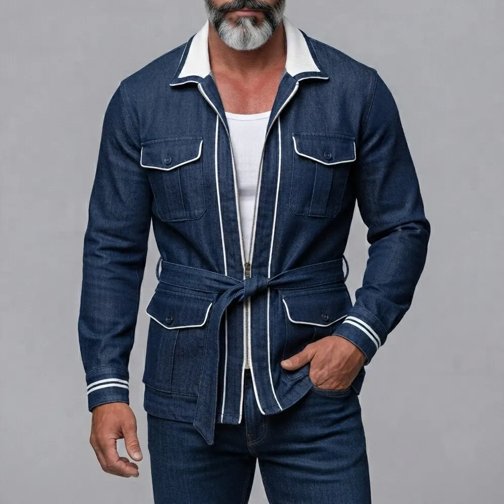 Men's Navy Blue Denim Multi-Pockets Contrast Piping Belted Zip-Up Safari Jacket