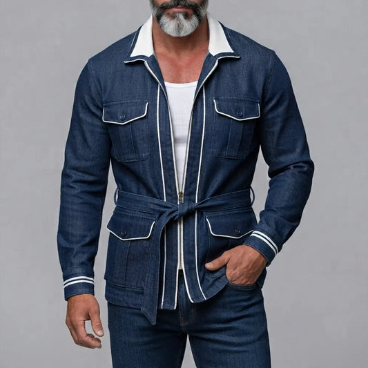 Men's Navy Blue Denim Multi-Pockets Contrast Piping Belted Zip-Up Safari Jacket