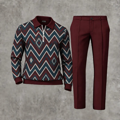 Men's Printed Zipper Polo Shirt and Pants Set