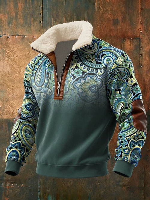 Men's Western Print Zipper Fur Collar Long Sleeve Sweatshirt
