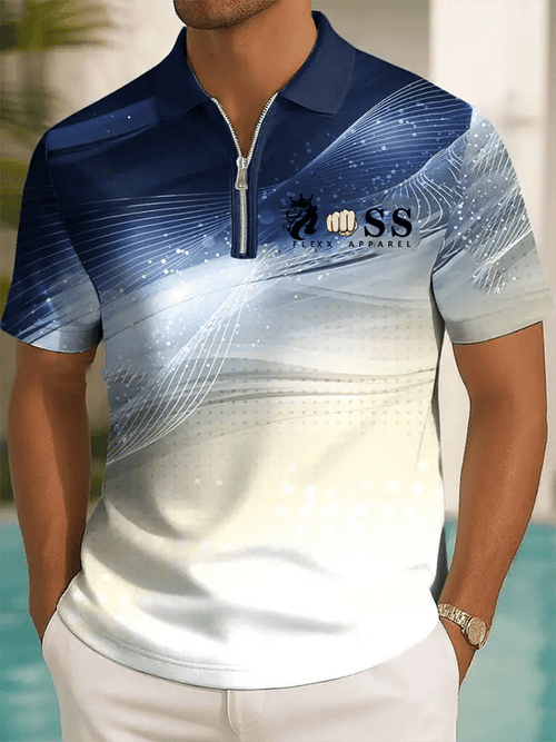 Men's Retro Letter Design Printed Casual Zipper Polo Shirt