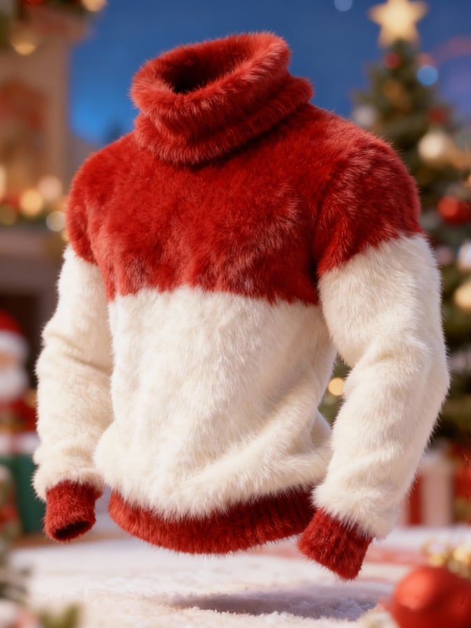 Men'S Plush Warm Color-Blocked Christmas Turtleneck Sweatshirt
