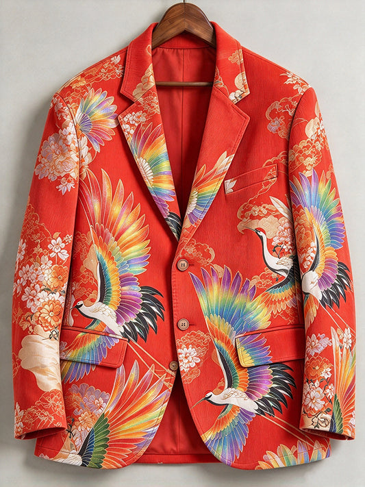 Vintage Japanese Crane Art Print Casual Corduroy Blazer