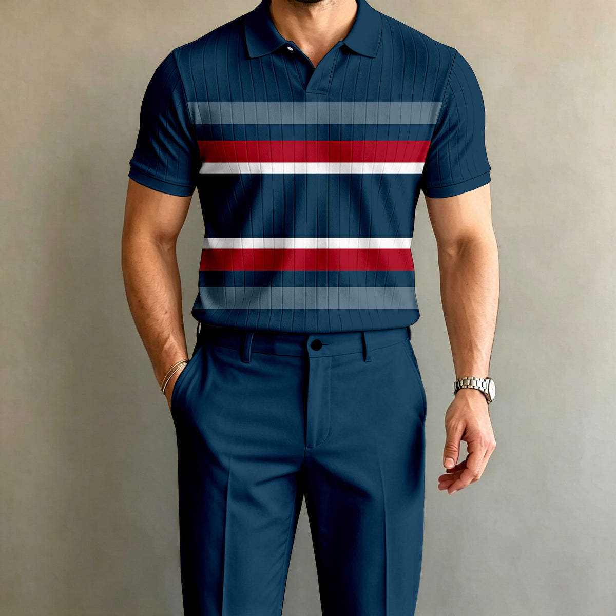 Men's Color-Blocked Striped Short-Sleeve Polo Shirt and Pants Set