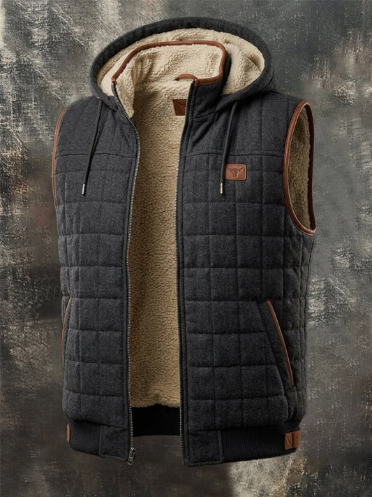 Men's Retro Leather-Panelled Insulated Outdoor Hooded Vest