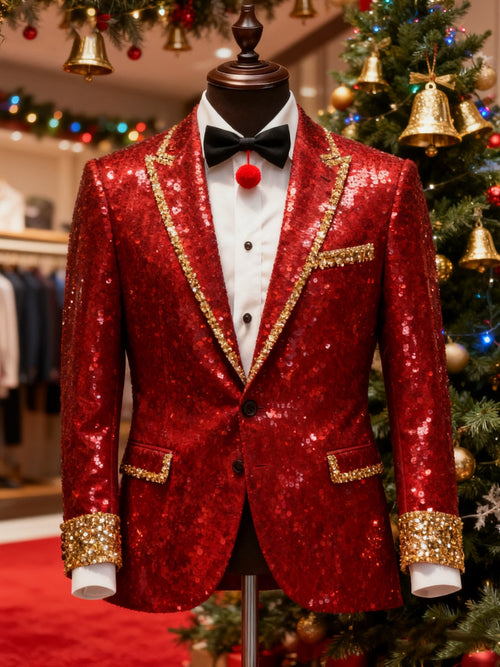 Men's Business Casual Large Pocket Notch Lapel Print Christmas Blazers