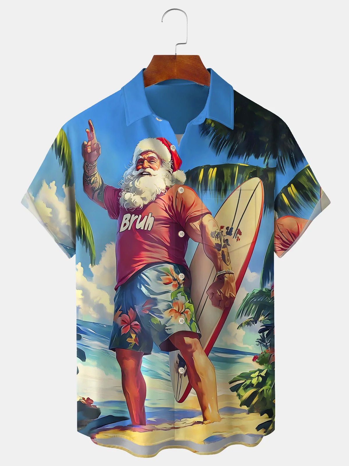 Men's Christmas Surfing Santa Print Casual Shirt