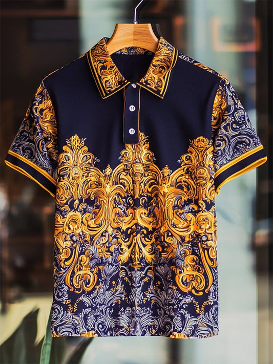 Men's Business Casual Baroque Art Button Short Sleeve Polo Shirt