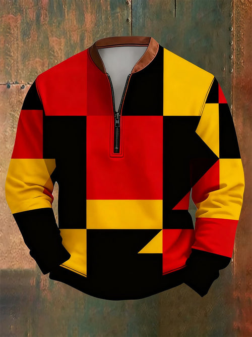Men's Retro Bauhaus Geometric Style Print Quarter Zip Sweatshirt