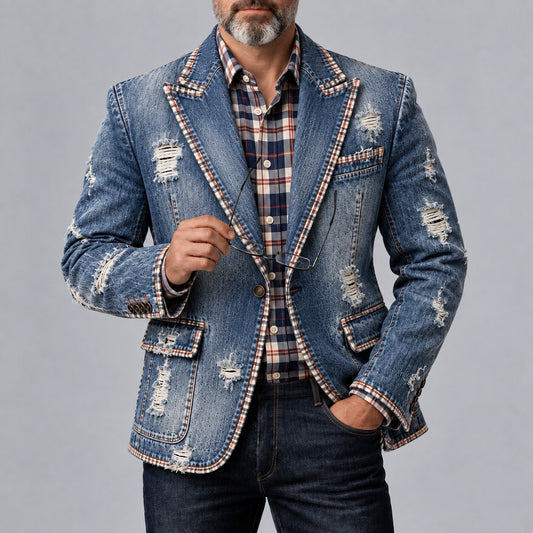 Men's Plaid Trim Peak Lapel Single Breasted Vintage Ripped Denim Blazer