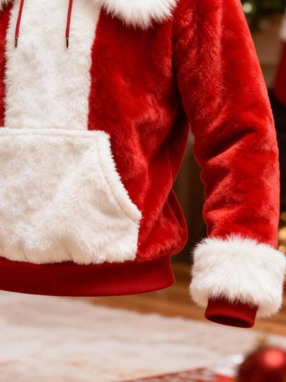 Men'S Plush Warm Color-Blocked Christmas Hooded Sweatshirt