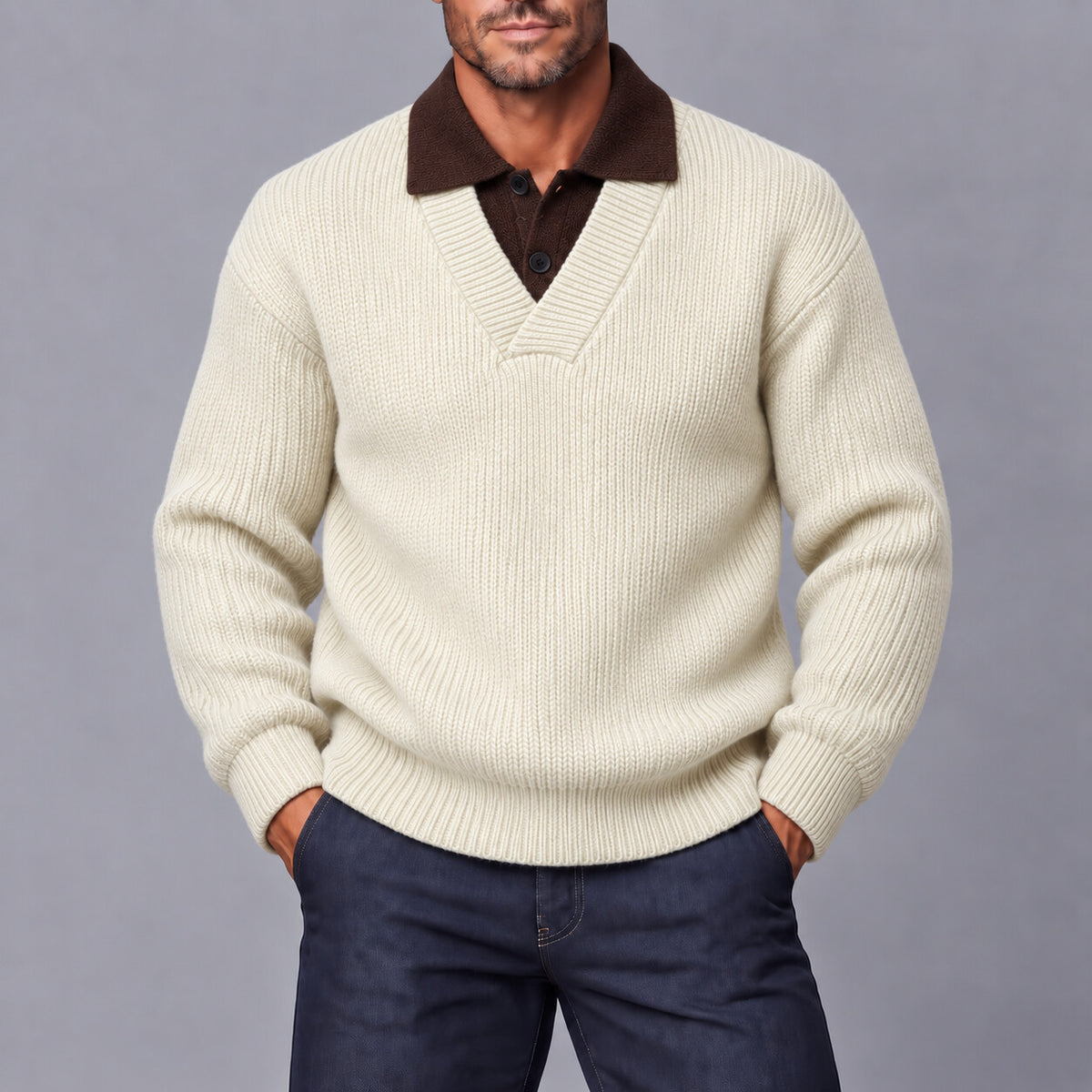 Men's Casual Solid Color Ribbed Knit Polo Collar Thick 2 in1 Pullover Sweater