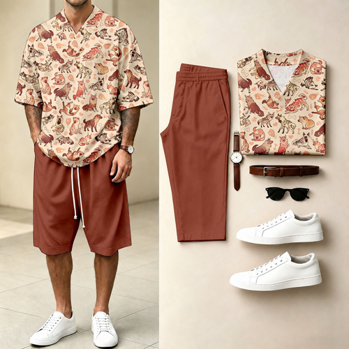 Men's Casual Color-Blocked Animal Print V-Neck Short-Sleeve T-Shirt And Shorts Two-Piece Set