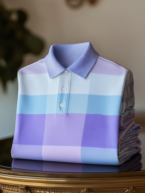 Men's Classic Business Check Logo Button Short Sleeve Polo Shirt