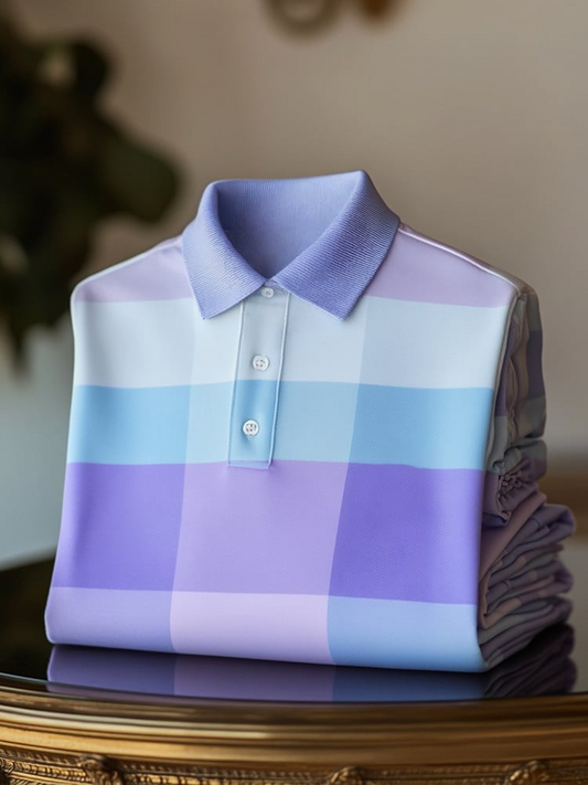 Men's Classic Business Check Logo Button Short Sleeve Polo Shirt