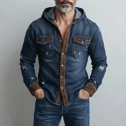Men's Vintage Denim Contrast Trim Single Breasted Chest Pocket Hooded Shirt