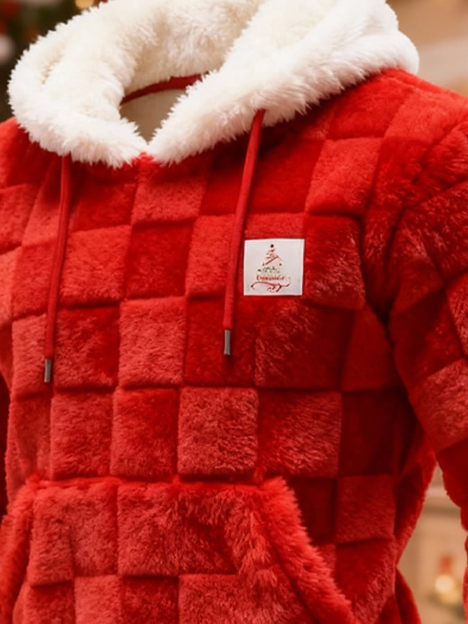 Men's 3D Textured Warm Plush Color-Blocked Christmas Hooded Sweatshirt