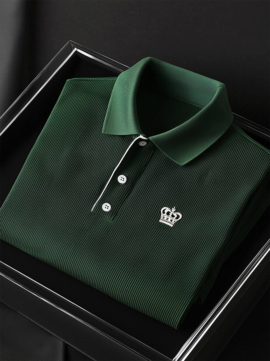 Men's Business Casual Striped Logo Button Short Sleeve Polo Shirt