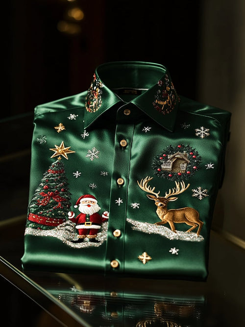 Men's Christmas Satin Luxe Long Sleeve Button Down Shirt