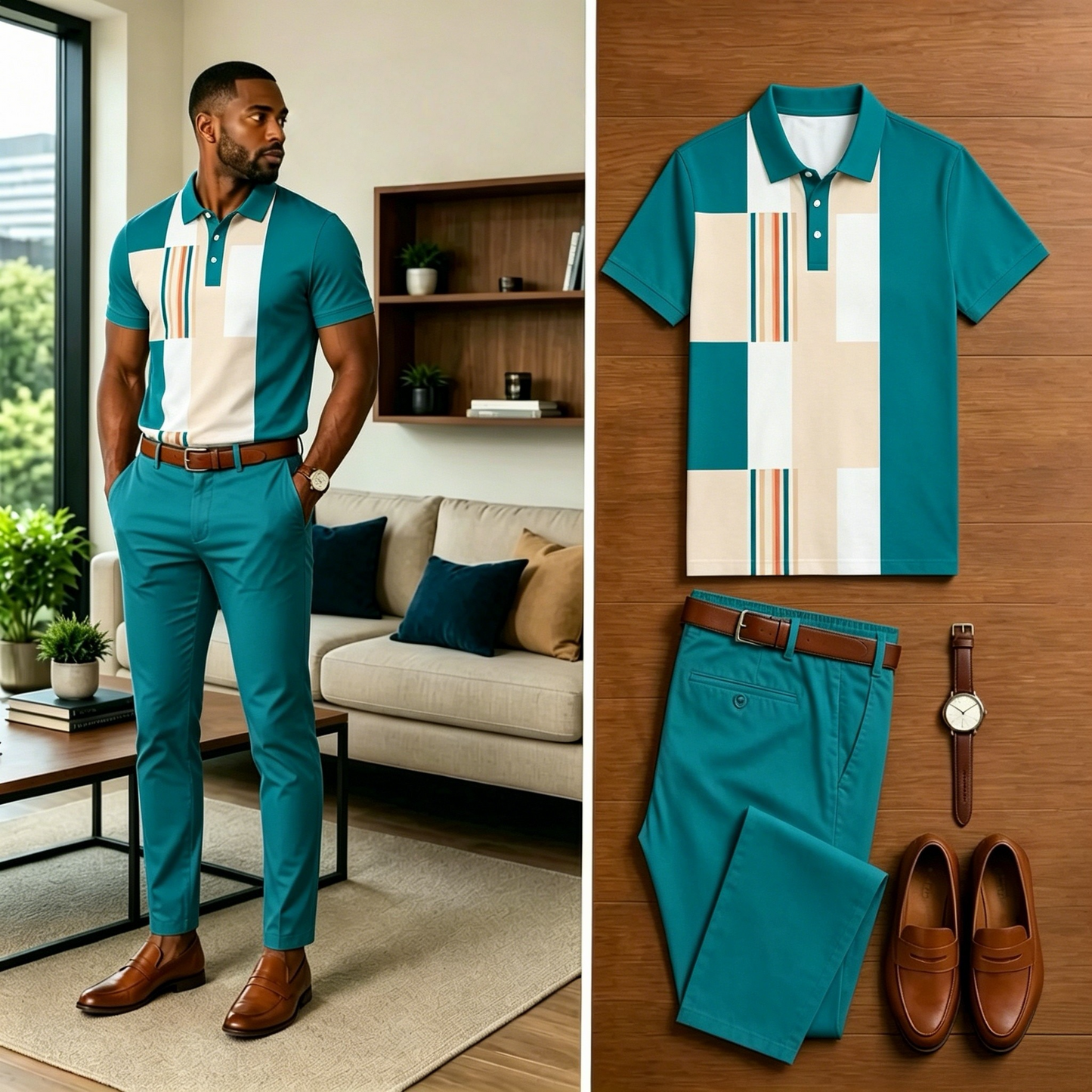 Men's Casual Color Block Patchwork Printed Polo Shirt And Pants Two-Piece Set