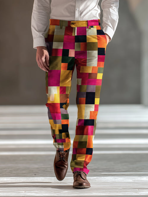 Men's Corduroy Retro Business Colorful Check Casual Pants