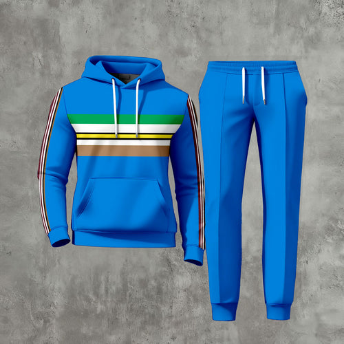 Men's Casual Color Matching Striped Printed Long-Sleeve Hoodies Sweatshirt & Trousers Royal Blue Two-Piece Set