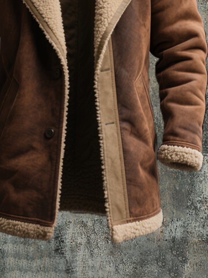 Men's Vintage Suede Colorblock Lambswool Lapel Mid-Length Jacket