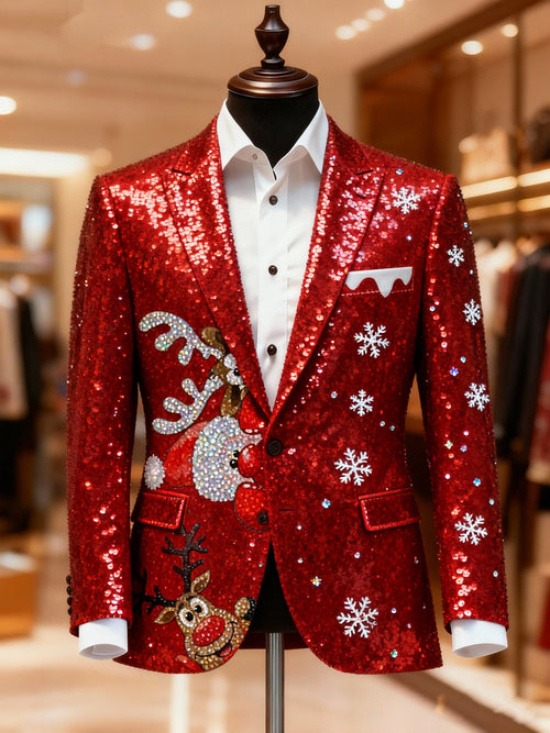 Men's Business Casual Large Pocket Peekaboo Santa and Reindeer Blazers