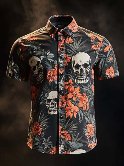 Men's Vintage Skull and Floral Short Sleeve Shirt