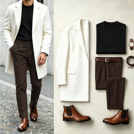Men's Two-Tone Suit Set: White Coat, Black Knit Sweater, and Brown Slacks