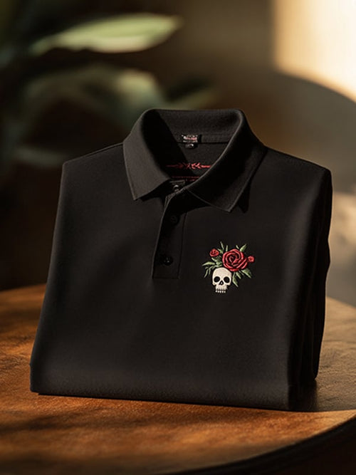 Men's Classic Business Skull Rose Logo Short Sleeve Polo Shirt