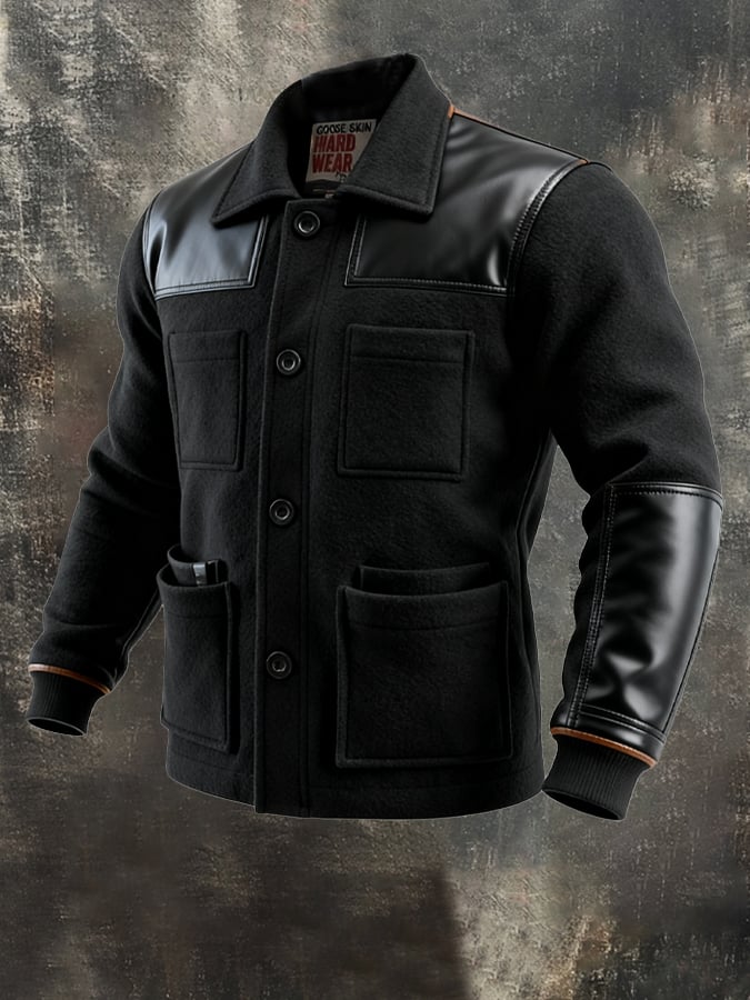Men's Vintage Woolen Leather Patchwork Warm Multi-pocket Outdoor Jacket