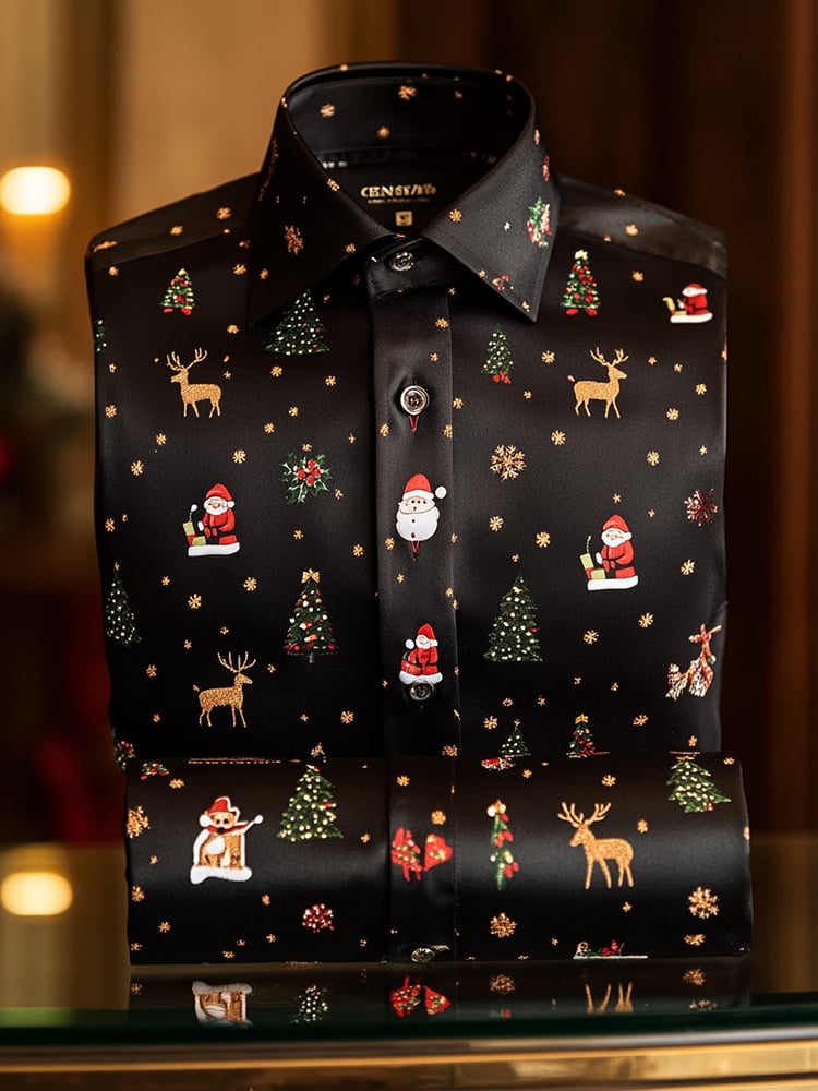 Men's Christmas Satin Luxe Long Sleeve Button Down Shirt