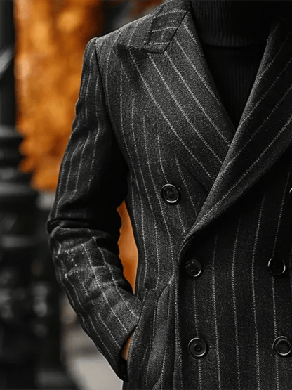 Men's Stylish Striped Double-Breasted Pocket Design Casual Woolen Coat