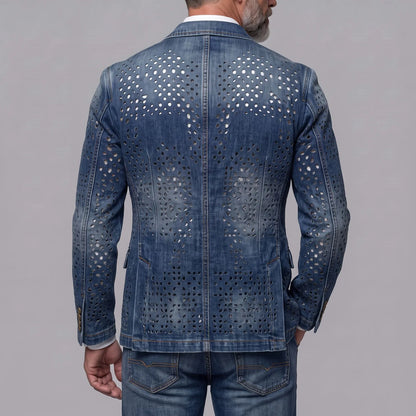 Men's Retro Distressed Denim Hollow Out Notch Lapel Single Breasted Blazer